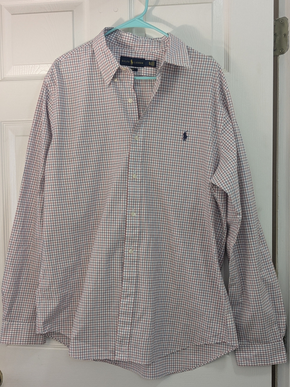 Ralph Lauren White Button-Down Shirt with Red & Navy Micro-Check
